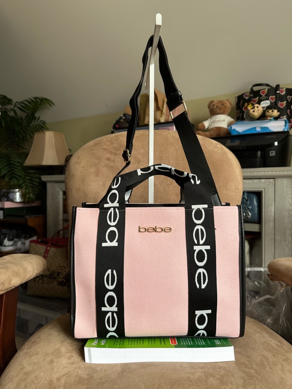 bebe Hana Canavs Small Satchel Blush Pink Black Logo Handle Strap New with Tag
